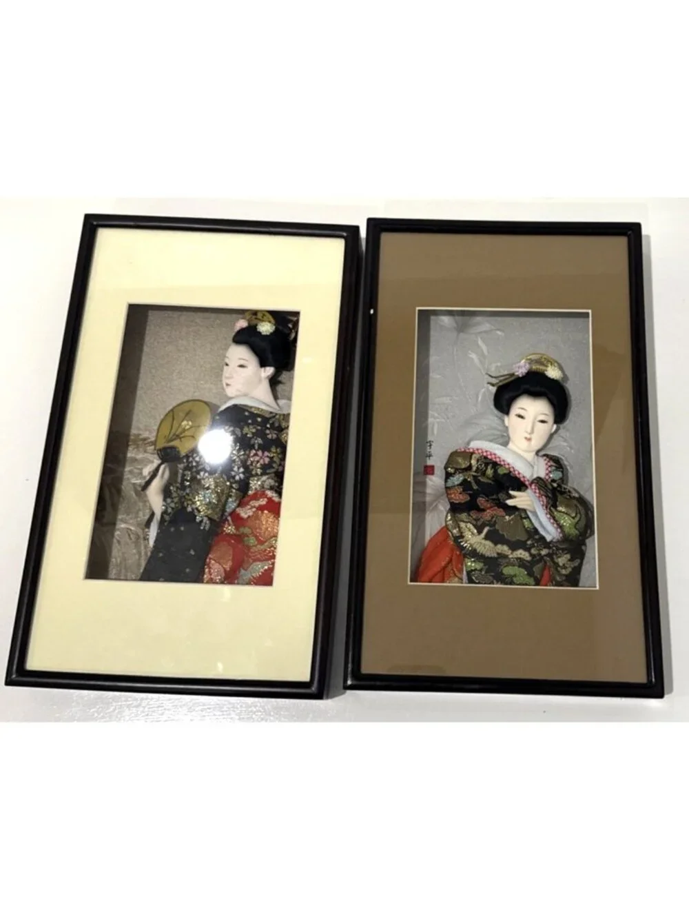 Vintage Japanese Geisha Figurine Doll Framed In 3D Shadowbox 7.5
